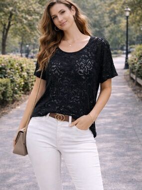 Black Lace Short-Sleeve Scoop Neck Top - Women's